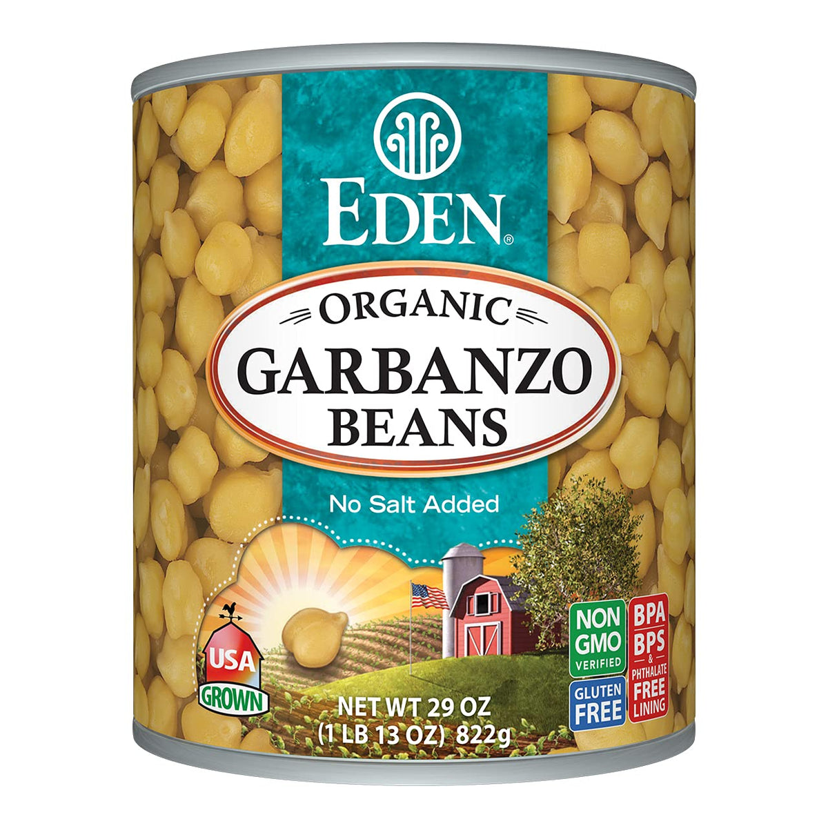 Eden Organic Garbanzo Beans in a 29 oz no-salt can, ideal for quick bowls and sides.