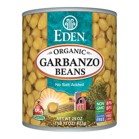 Eden Organic Garbanzo Beans in a 29 oz no-salt can, ideal for quick bowls and sides.