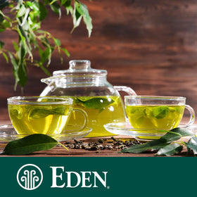 Brewed Eden Genmaicha steaming cup showing inviting aroma and mellow flavor