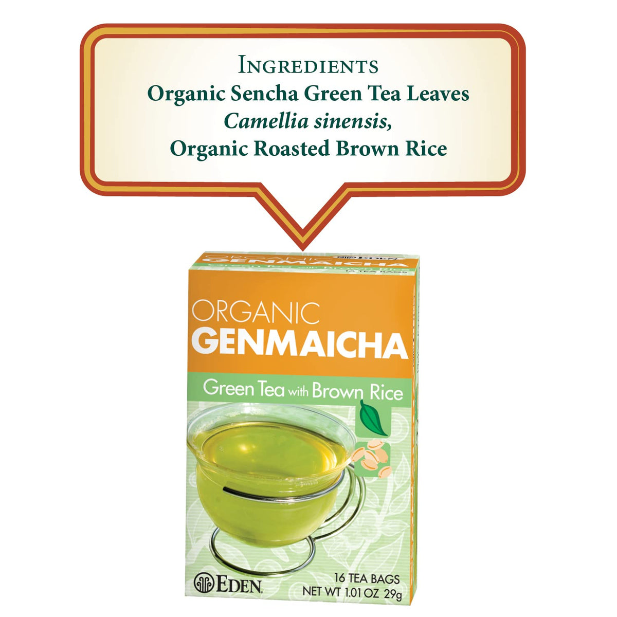 Roasted brown rice chunks in Eden Genmaicha add a toasty note and balanced sweetness