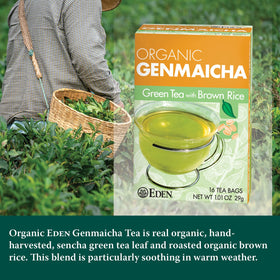 Eden Genmaicha tea bags in a box for convenient, on-the-go brewing