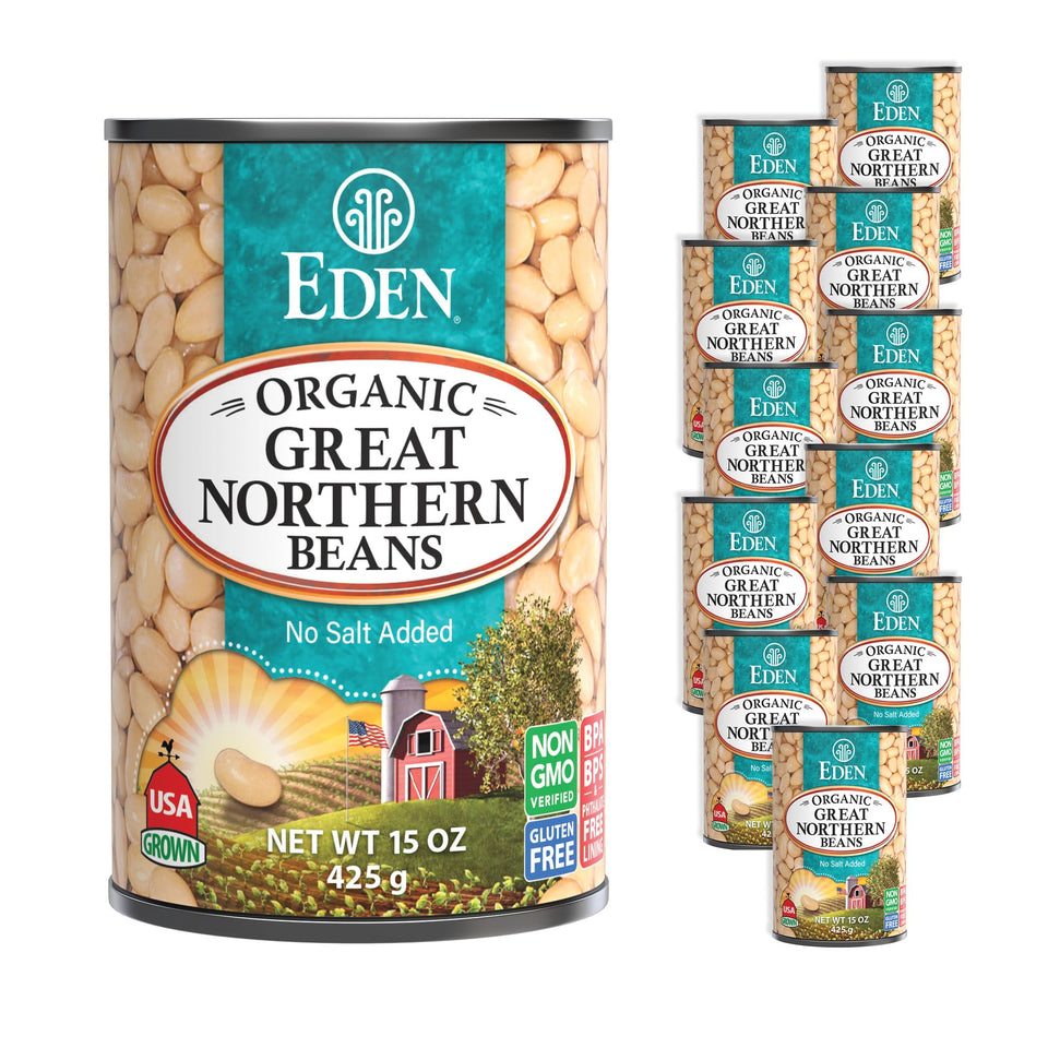 Eden Great Northern Beans close-up showing creamy texture for hearty soups and salads.