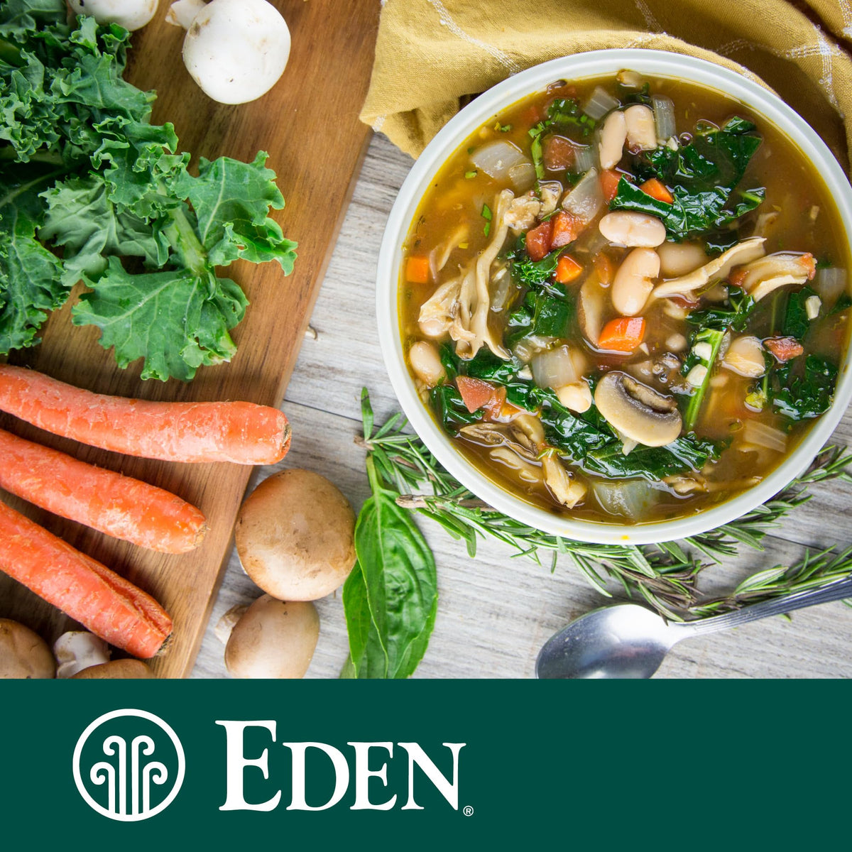 Eden Great Northern Beans kitchen scene emphasizes fiber-rich base for meals.