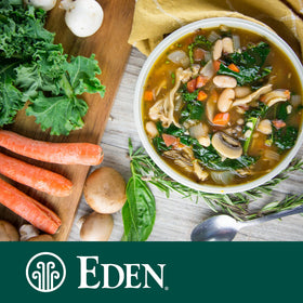 Eden Great Northern Beans kitchen scene emphasizes fiber-rich base for meals.
