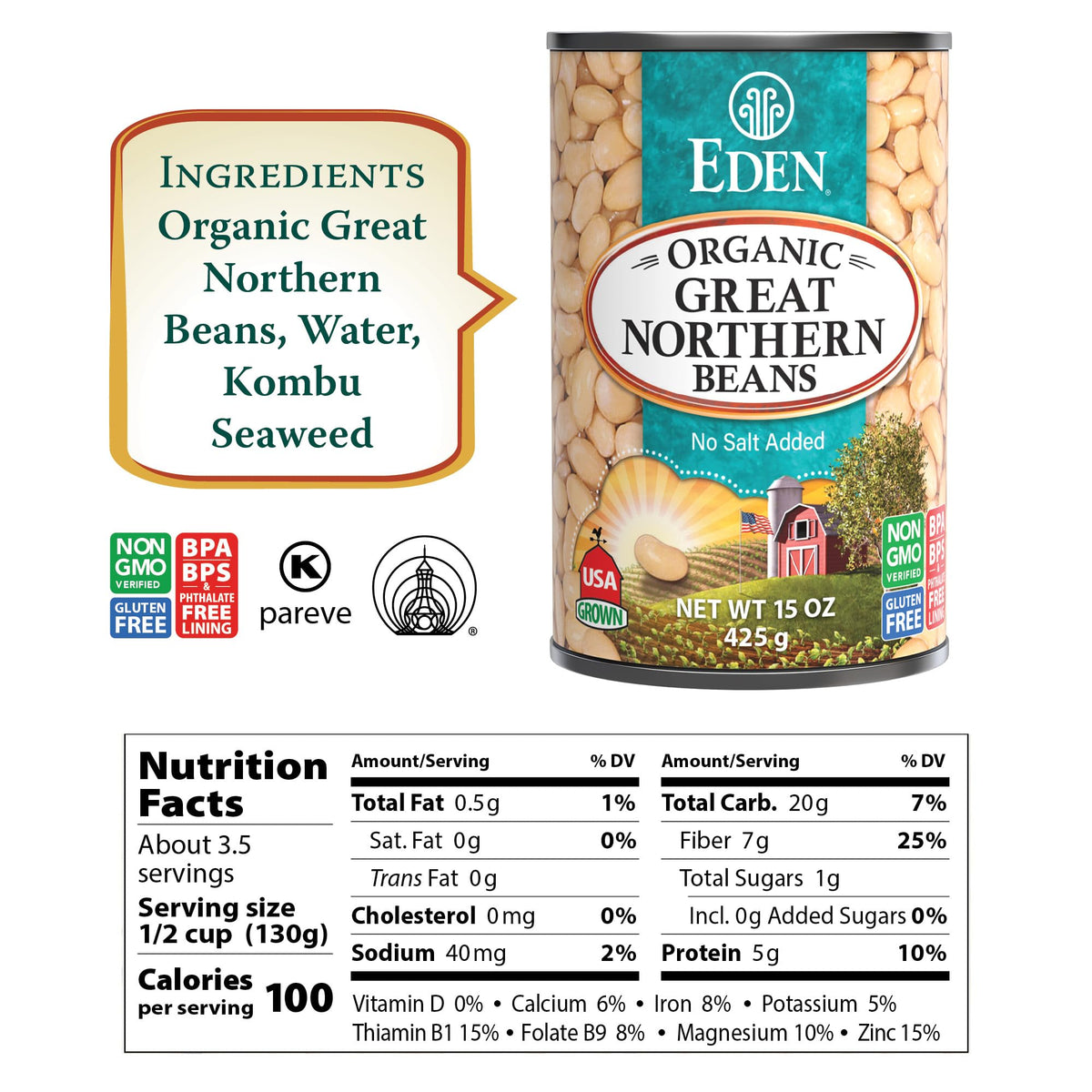 Eden Organic Great Northern Beans packaging on a 12-pack highlighting convenience.