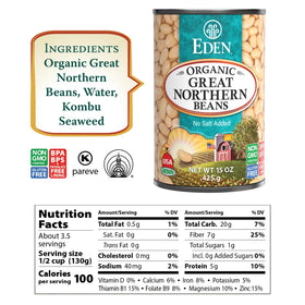 Eden Organic Great Northern Beans packaging on a 12-pack highlighting convenience.