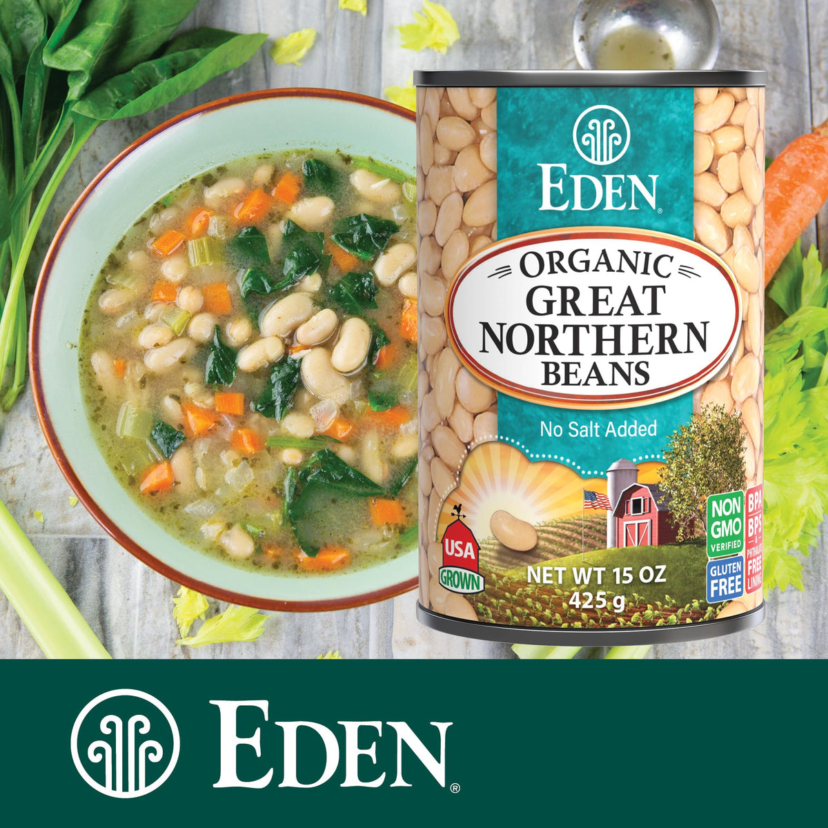 Eden Great Northern Beans kitchen prep shows non-GMO, U.S.-grown heritage.