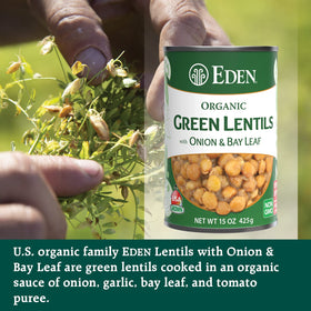 Eden twelve pack case of green lentils for pantry storage.