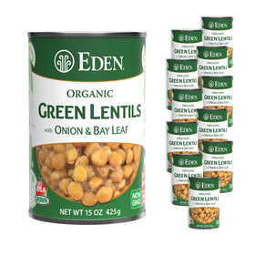 Eden green lentils can label with onion and bay leaf, ready to heat.