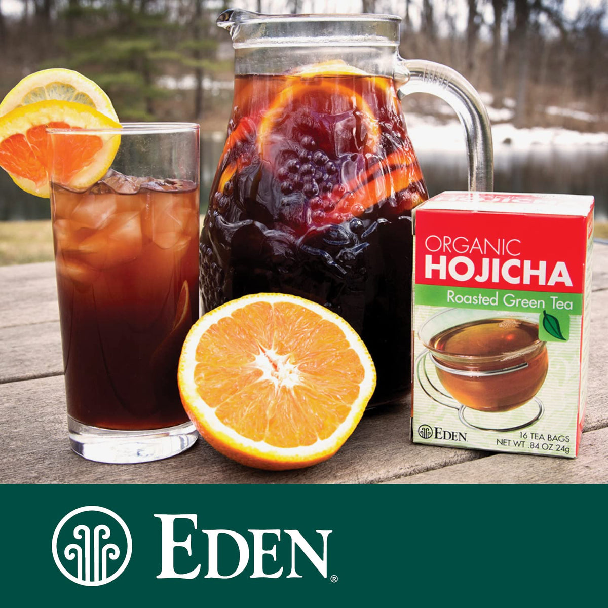 Eden Hojicha brewed cup steeping, inviting mellow, roasted notes.