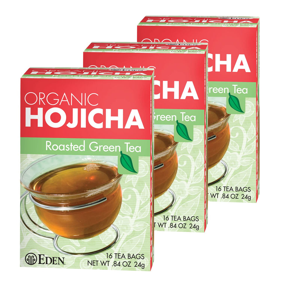 Eden Hojicha organic roasted tea box 3-pack, ideal for a gentle daily ritual.