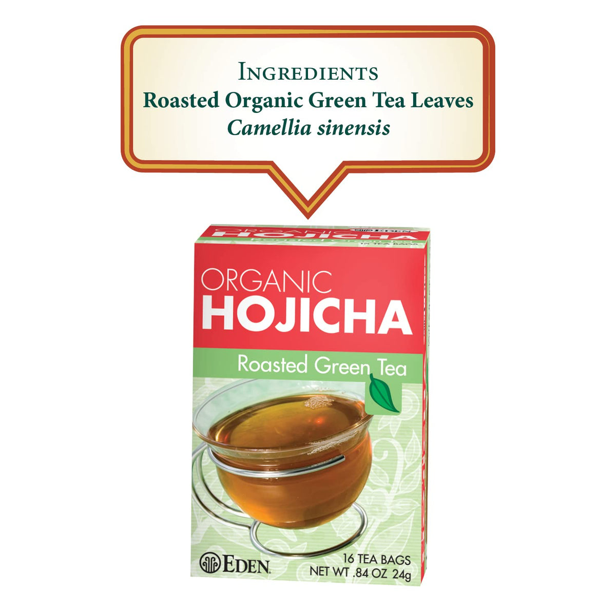 Eden Hojicha tea bags inside box, a low caffeine choice for evenings.