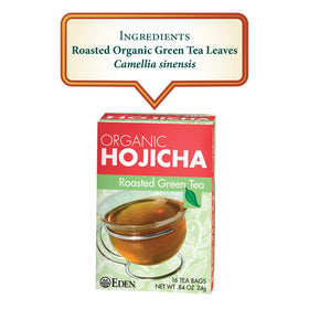 Eden Hojicha tea bags inside box, a low caffeine choice for evenings.