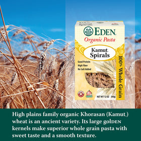 Eden Kamut Spirals plated with herbs and olive oil.