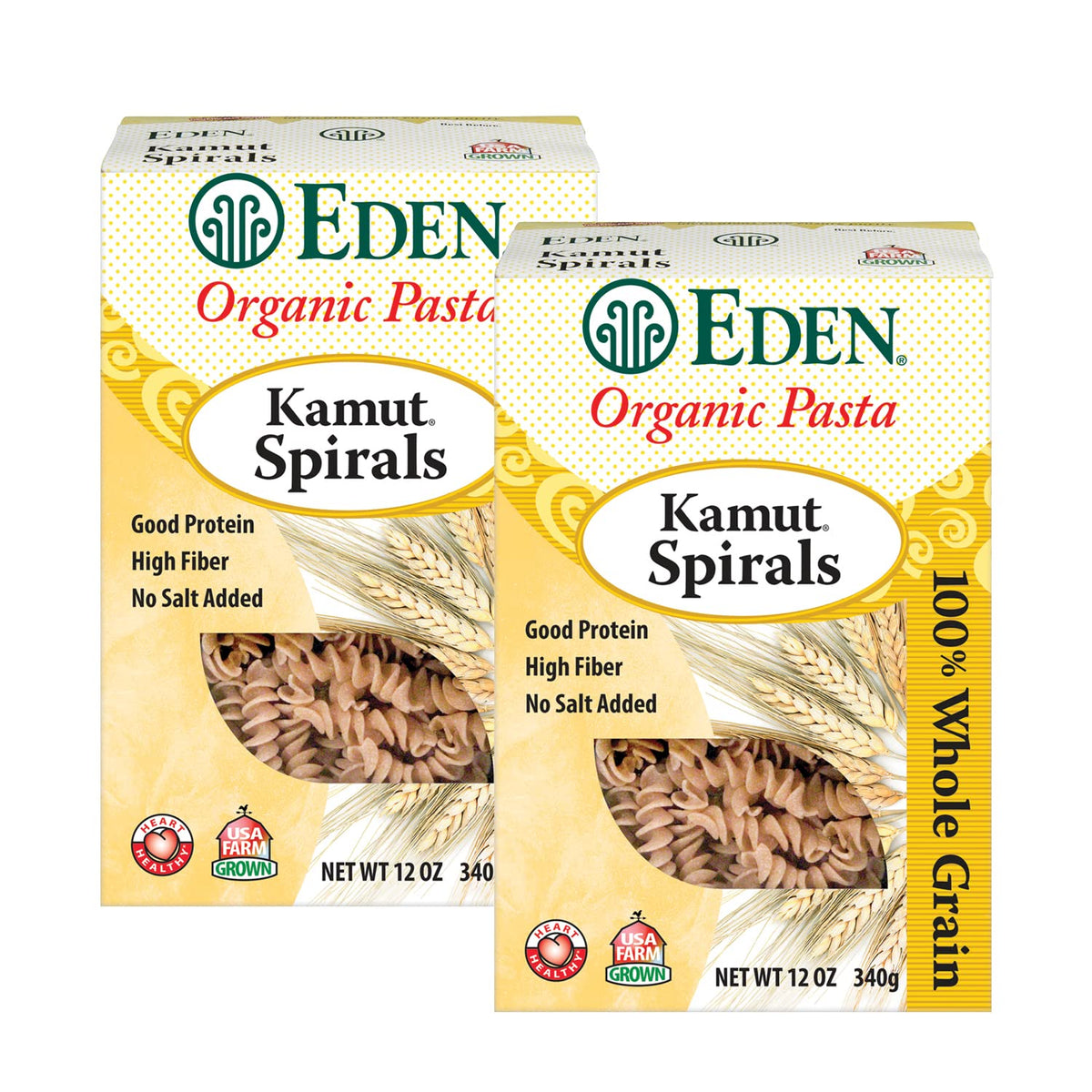 Eden Kamut Spirals packaging showcases the eco-friendly box and recipe card for quick meals.
