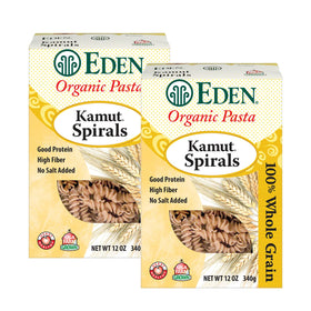 Eden Kamut Spirals packaging showcases the eco-friendly box and recipe card for quick meals.