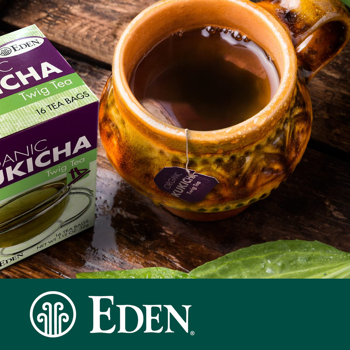 Eden Kukicha tea bag material closeup emphasizes natural fibers and plastic-free design.