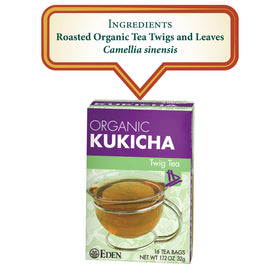 Eden Kukicha tea bags closeup highlights unbleached Manila bags and eco-friendly design.