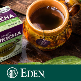 Rows of Eden Kukicha tea bags ready for quick brew and easy storage.