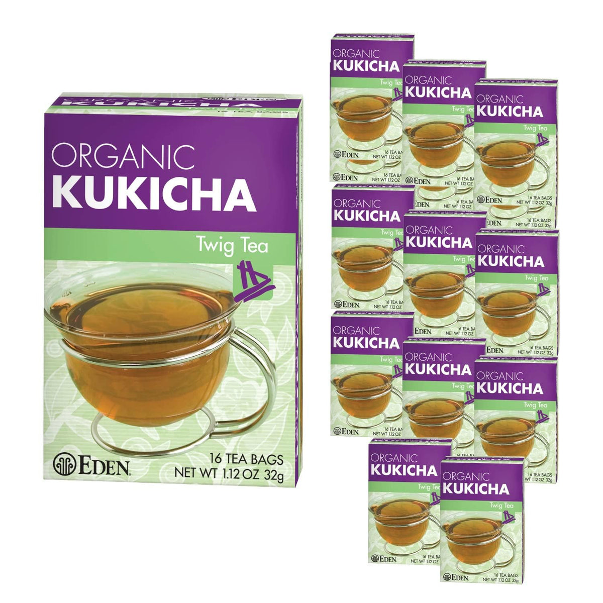 Eden Kukicha tea box packaging, twelve-box setup for convenient daily use.
