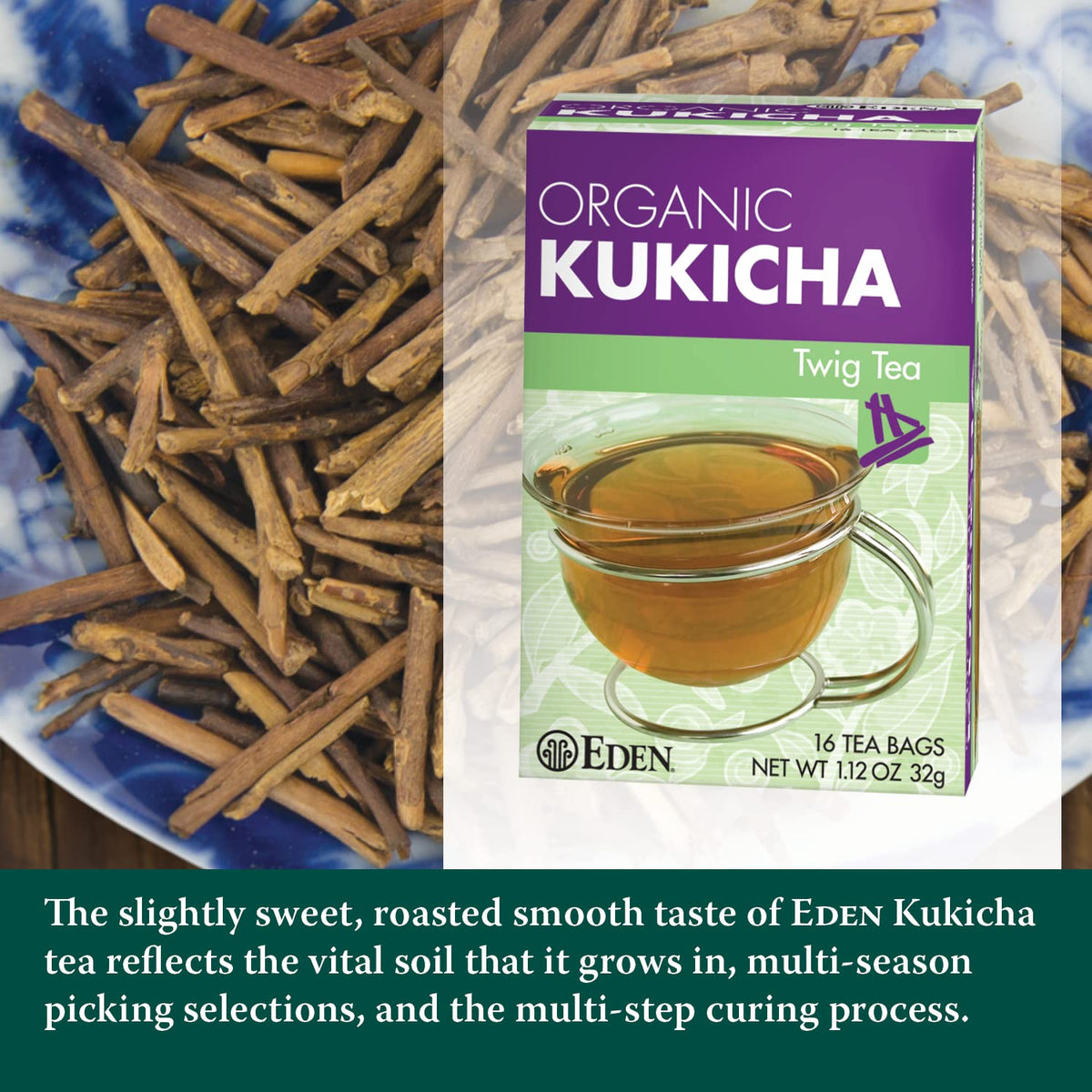 Eden Kukicha Organic Roasted Twig Tea steeping in a cup reveals warm, nutty notes and low caffeine.