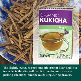 Eden Kukicha Organic Roasted Twig Tea steeping in a cup reveals warm, nutty notes and low caffeine.