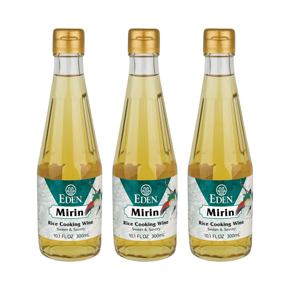 Eden Mirin bottle label highlights traditional koji brewing for versatile cooking.