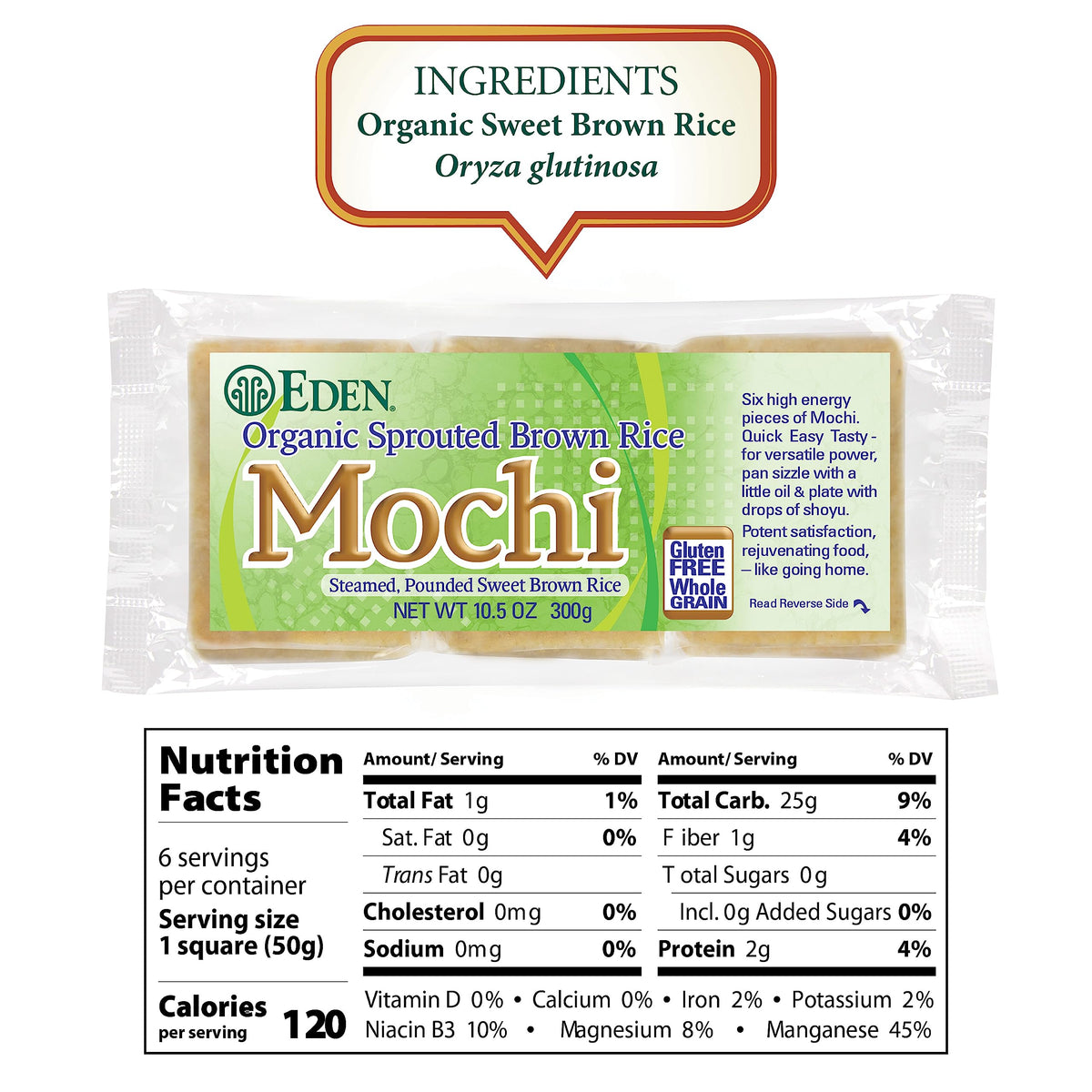 Eden Mochi ingredients highlight sprouted brown rice for a wholesome base