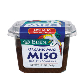 Eden Mugi Miso Paste bottle on kitchen shelf, ideal for quick miso meals
