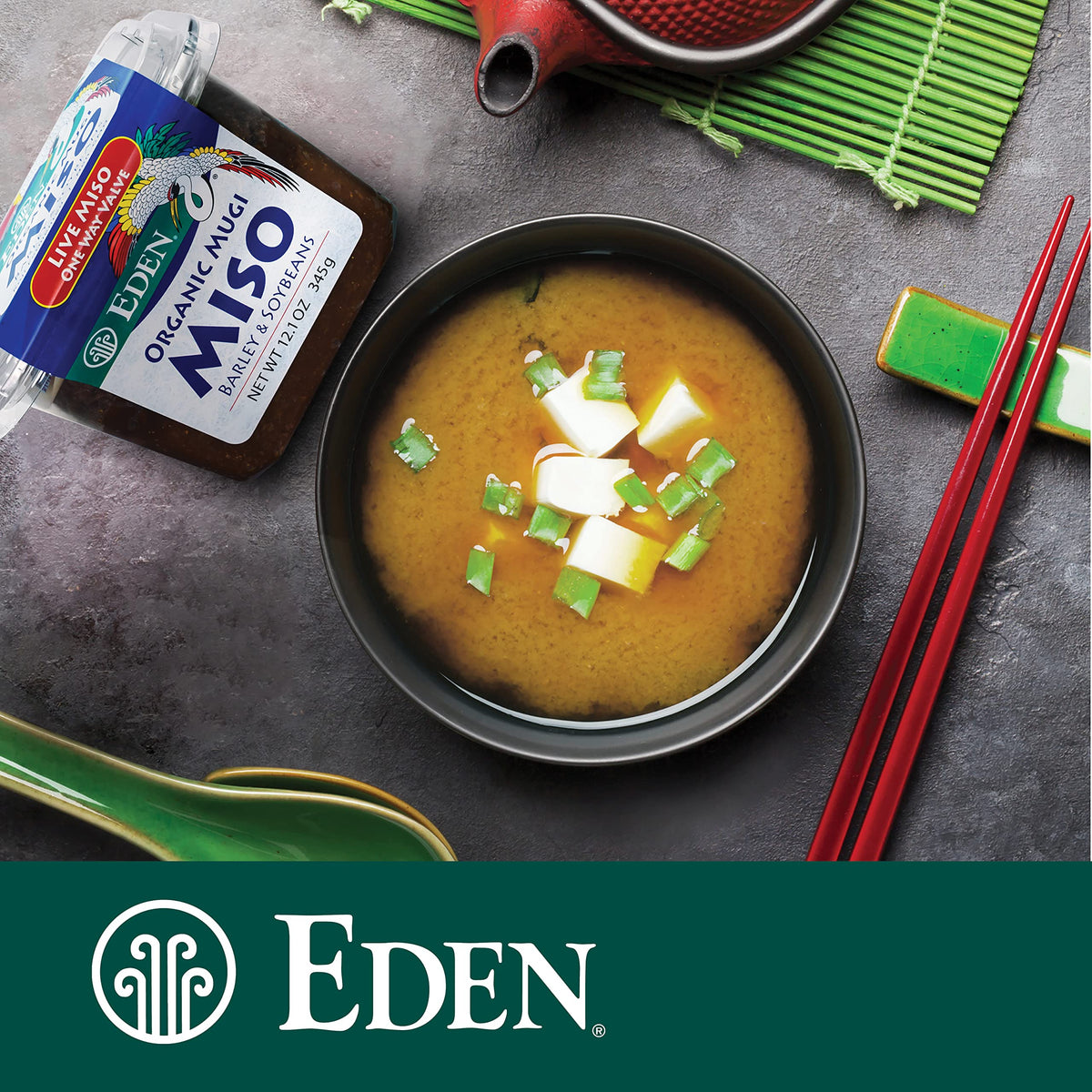 Organic barley and whole soybeans in Eden miso paste for rich flavor