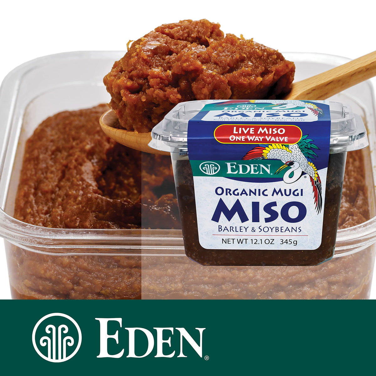 Close-up of Eden Mugi Miso Paste label highlighting organic barley and soybeans