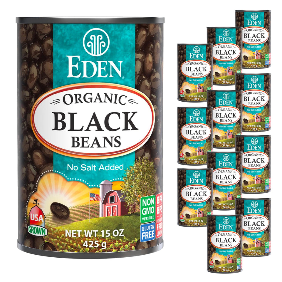 Eden Organic Black Beans 12-pack box, ideal pantry staple for quick meals.