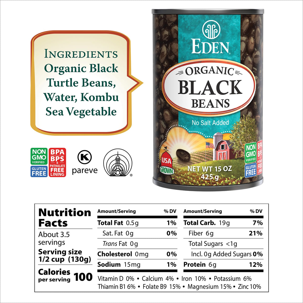 Close-up of Eden Organic Black Beans can label highlighting no-salt-added option.