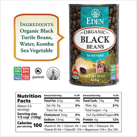 Close-up of Eden Organic Black Beans can label highlighting no-salt-added option.