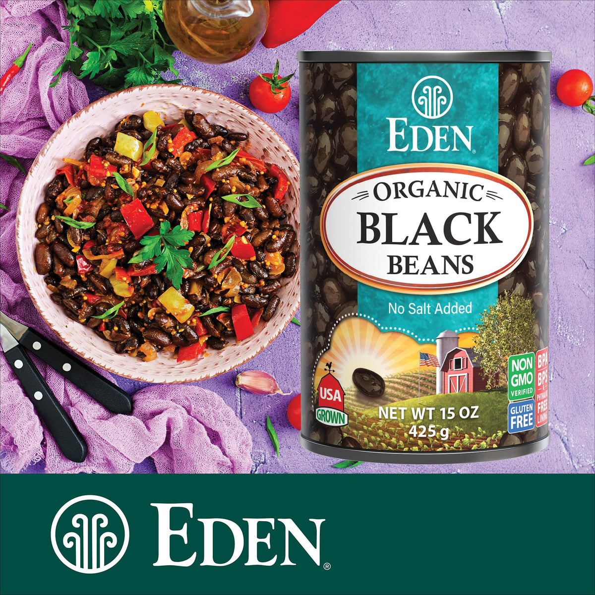 Cooked Eden Black Beans dish with tomatoes suggesting chunky salsa and hearty sides.