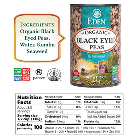 Eden Organic Black Eyed Peas cans close-up; BPA-free packaging supports flexible cooking.