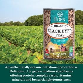 Eden Organic Black Eyed Peas, cooked beans near greens, versatile side dish.