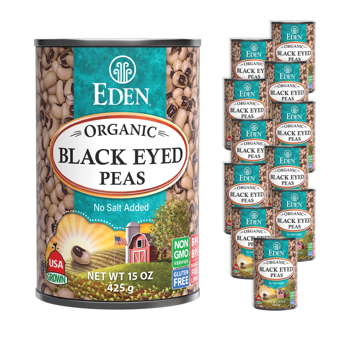 Eden Organic Black Eyed Peas front label; no salt added for customizable seasoning.