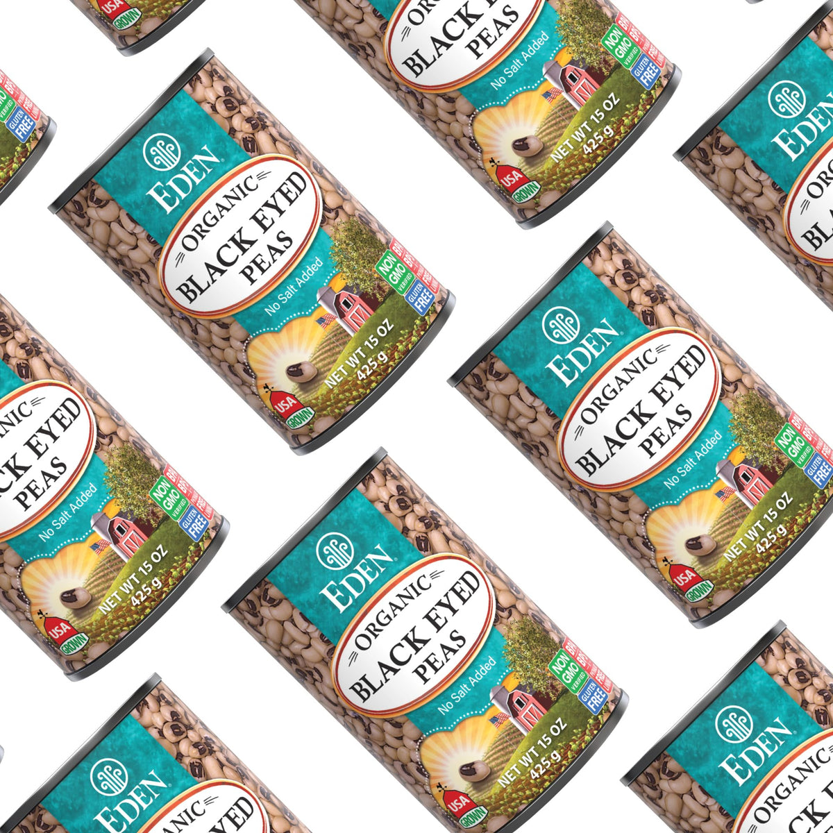 Eden Organic Black Eyed Peas no salt added label on can.