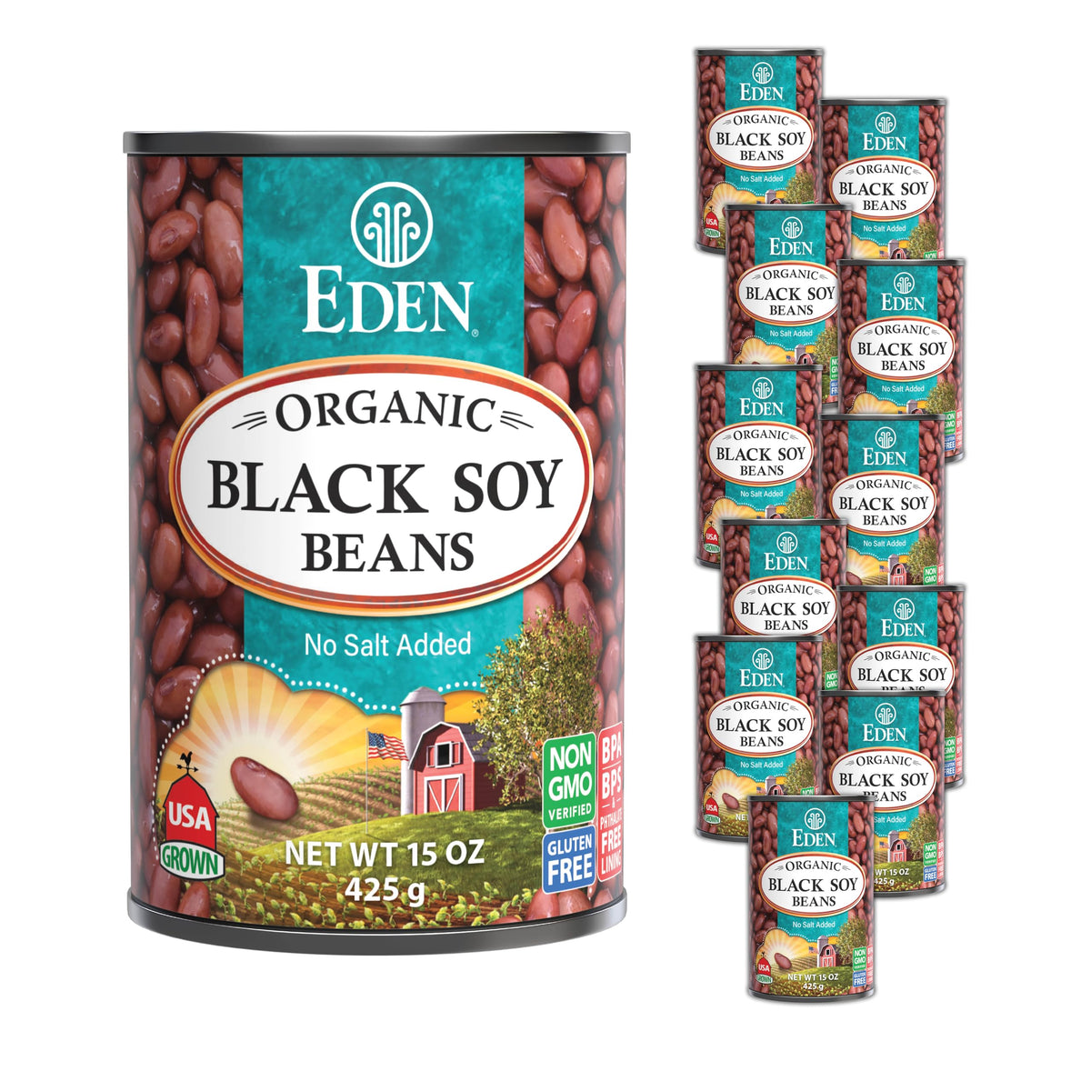 Eden Organic Black Soy Beans front label view with no salt added.
