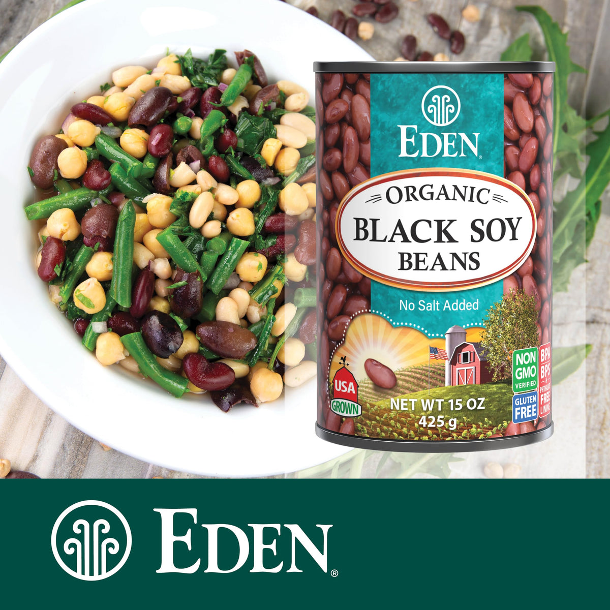 Eden Organic Black Soy Beans ingredient list close-up with no salt.