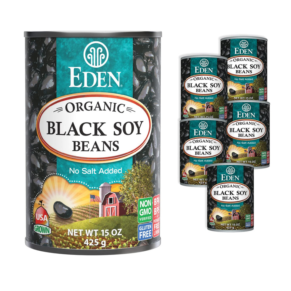 Eden Organic Black Soybeans can label shows a protein-rich, low-sodium pantry staple.