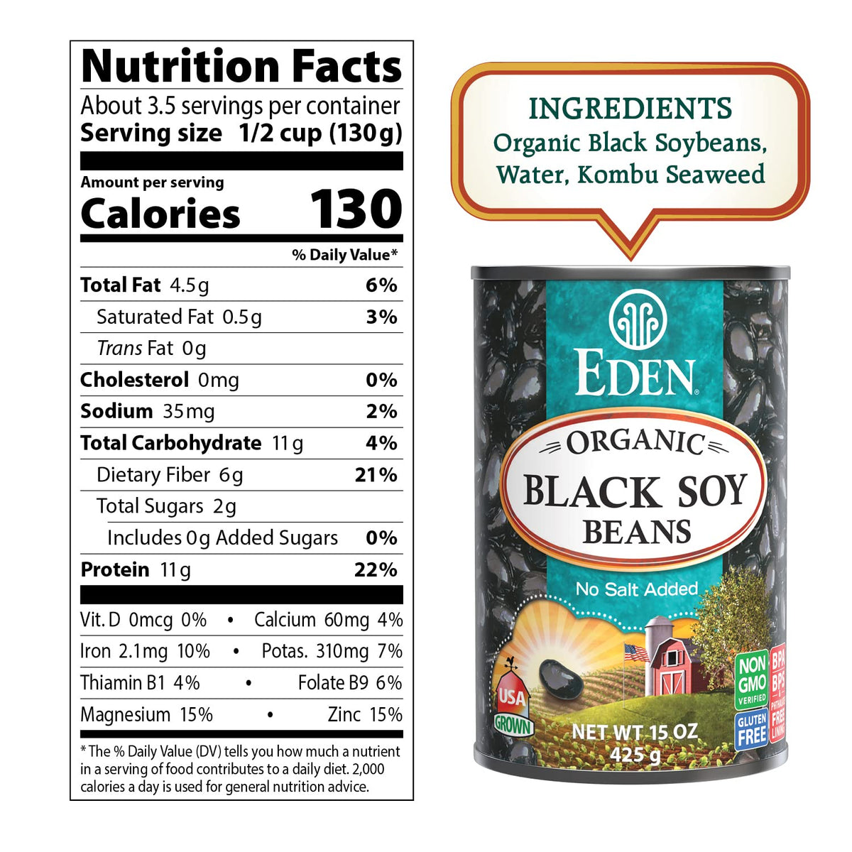 Eden Organic Black Soybeans side view highlights a compact, convenient can.