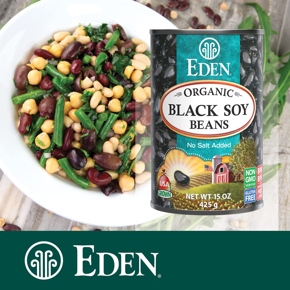 Eden Organic Black Soybeans six-pack display emphasizes convenient packaging.