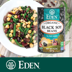 Eden Organic Black Soybeans six-pack display emphasizes convenient packaging.