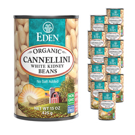 Eden Organic Cannellini beans in a front can view, no salt added for lower-sodium meals.