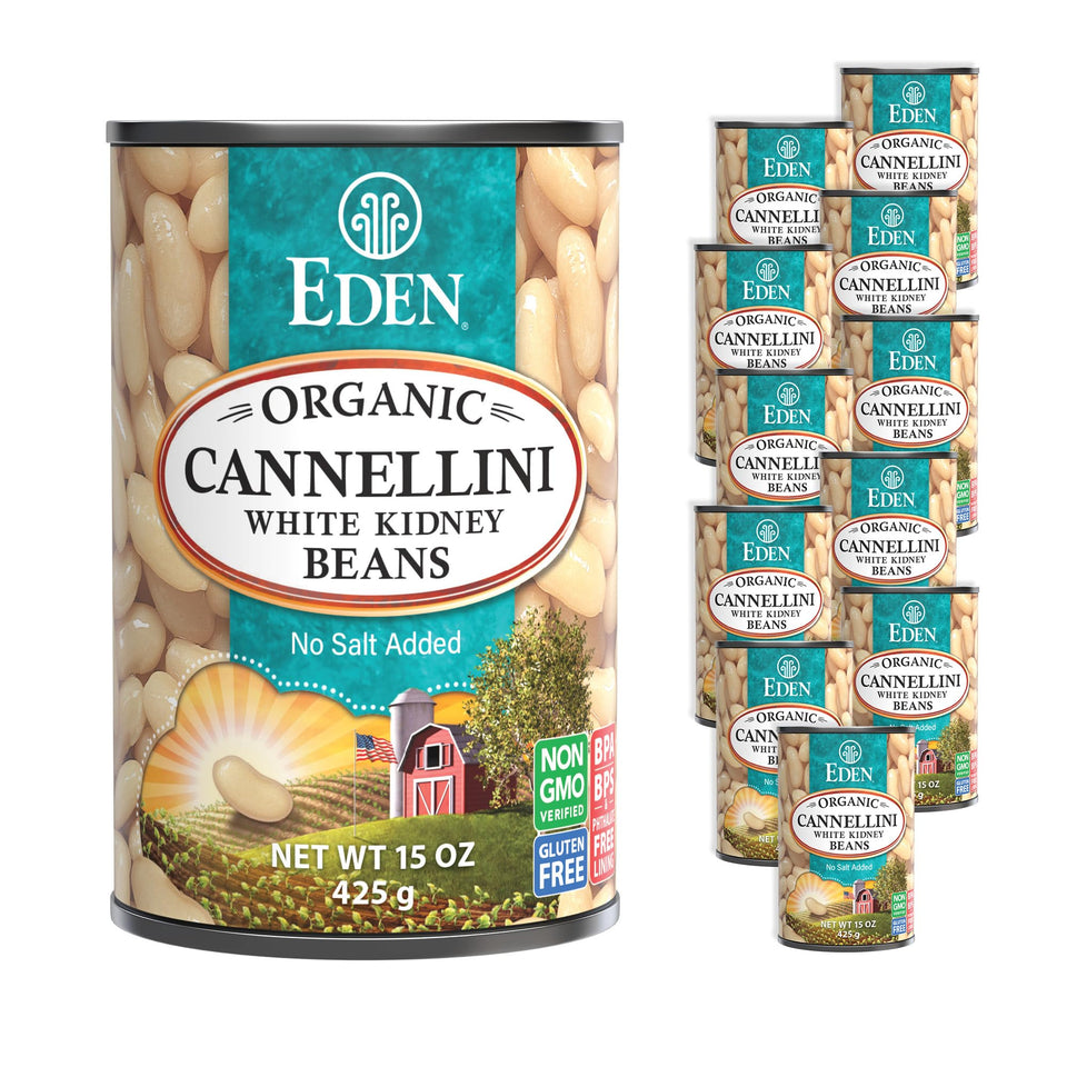 Eden Organic Cannellini beans in a front can view, no salt added for lower-sodium meals.