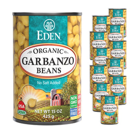 Eden Organic Garbanzo Beans can front view, ready to heat and serve.
