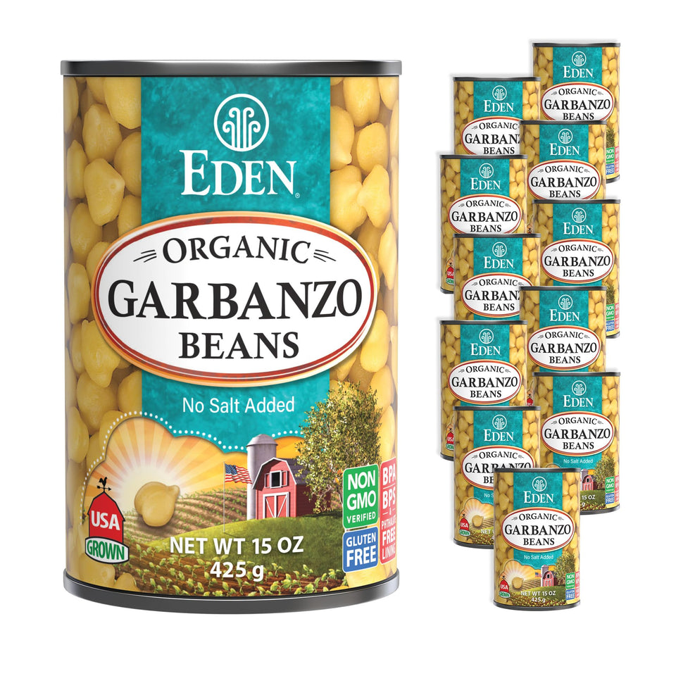 Eden Organic Garbanzo Beans can front view, ready to heat and serve.