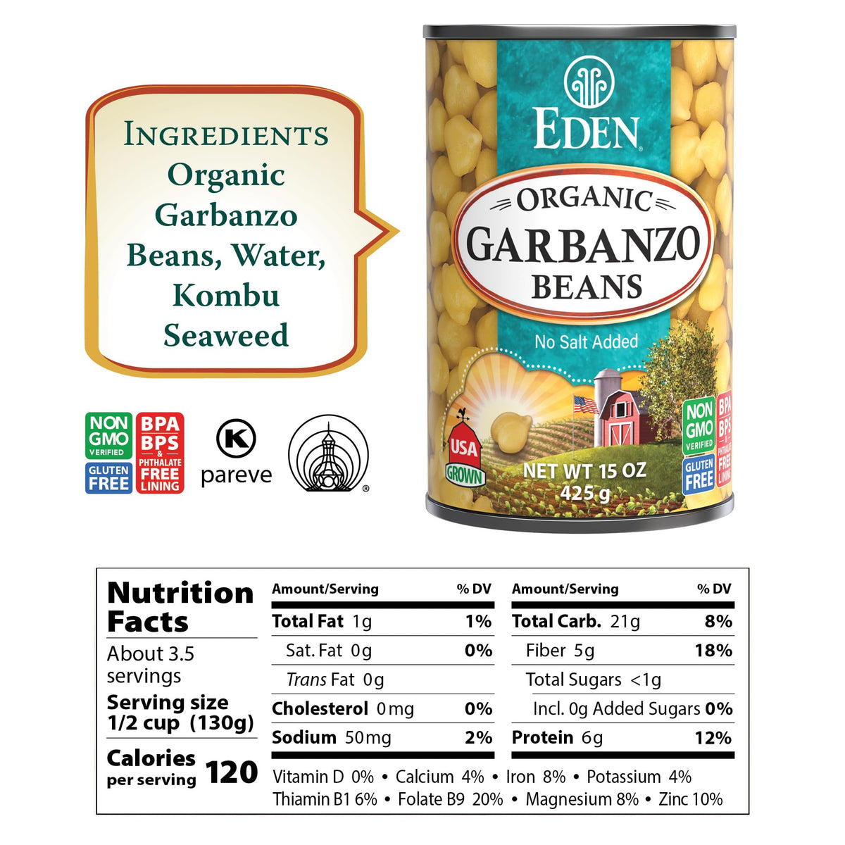 12-pack of Eden Organic Garbanzo Beans cans in a pantry-ready setup.